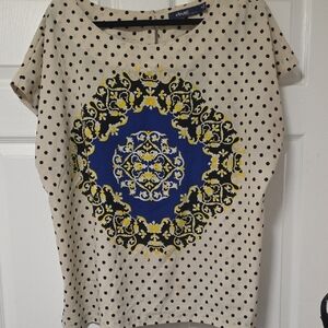 Eloquii Black Polka Dot Top with Blue and Yellow Medallion